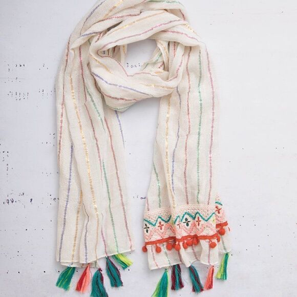 NEW! Boho Bright Striped and Tassels Scarf Wrap Bohemian Hippie Gypsy Pompom - Picture 1 of 3